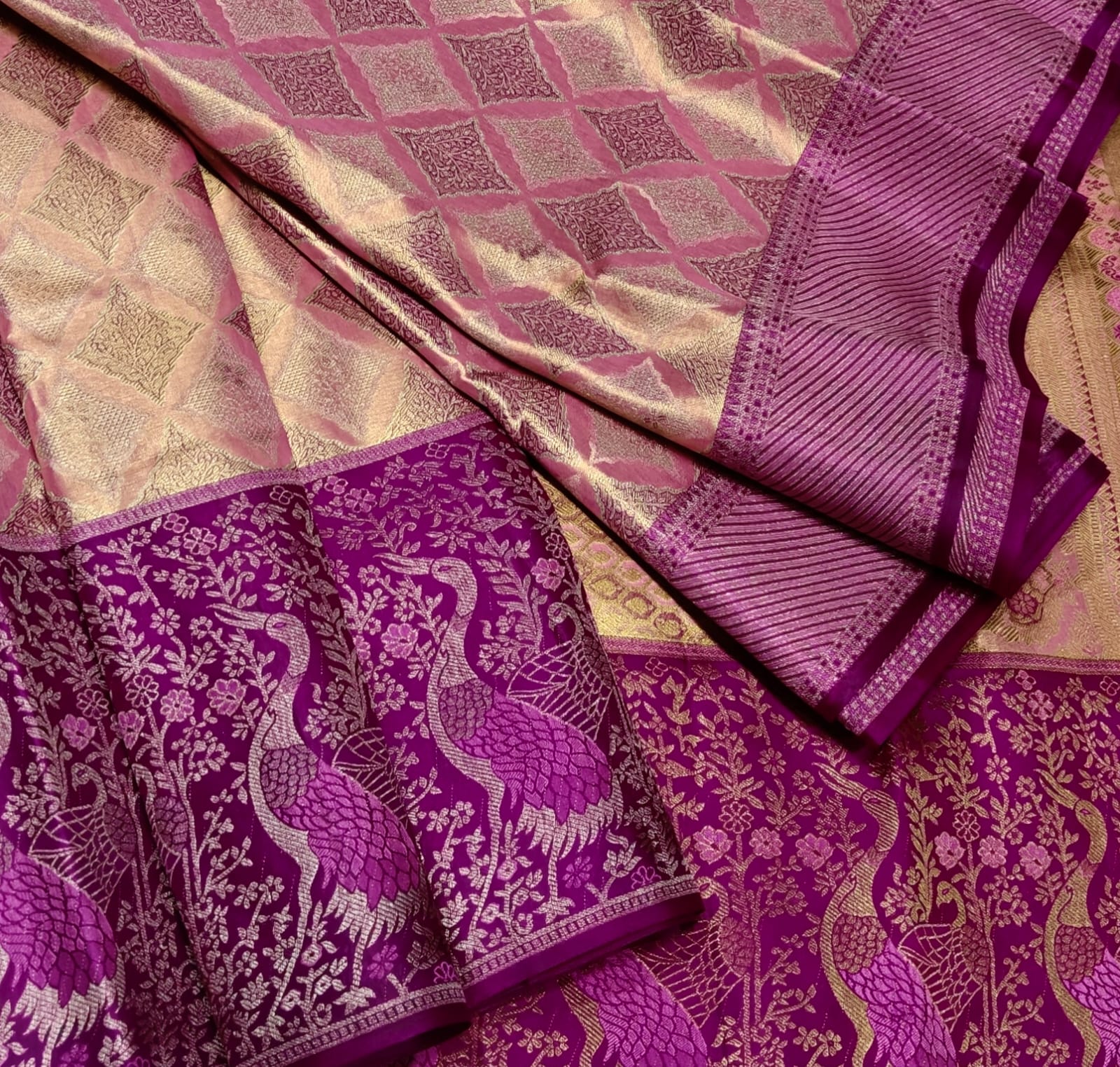 Peach Gold Silk Saree with Magenta Peacock Border